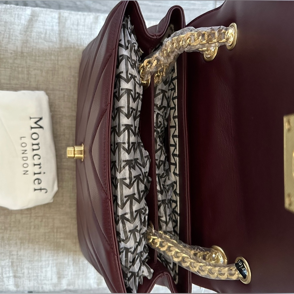 Viral MONCRIEF LONDON Cathryn Bordeaux Leather Flap Over Quilted Tote NWT - Picture 8 of 14